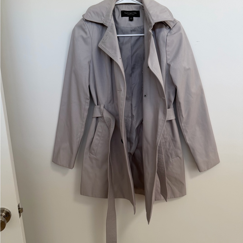 Marc New York Light Gray / Tan Double-Breasted Classic Minimalist Trench Coat - Picture 13 of 16